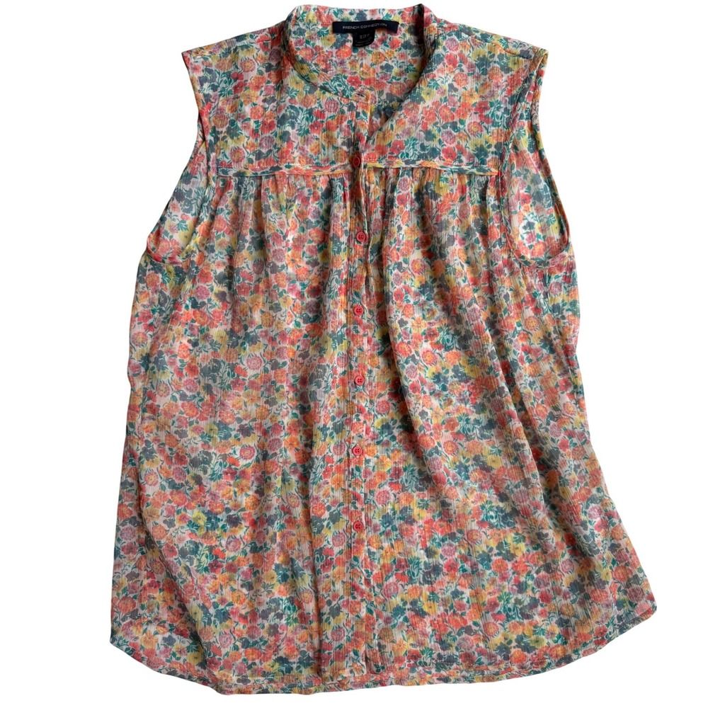 French Connection Women's Floral Sheer Sleeveless Button Front Blouse Multi S 12